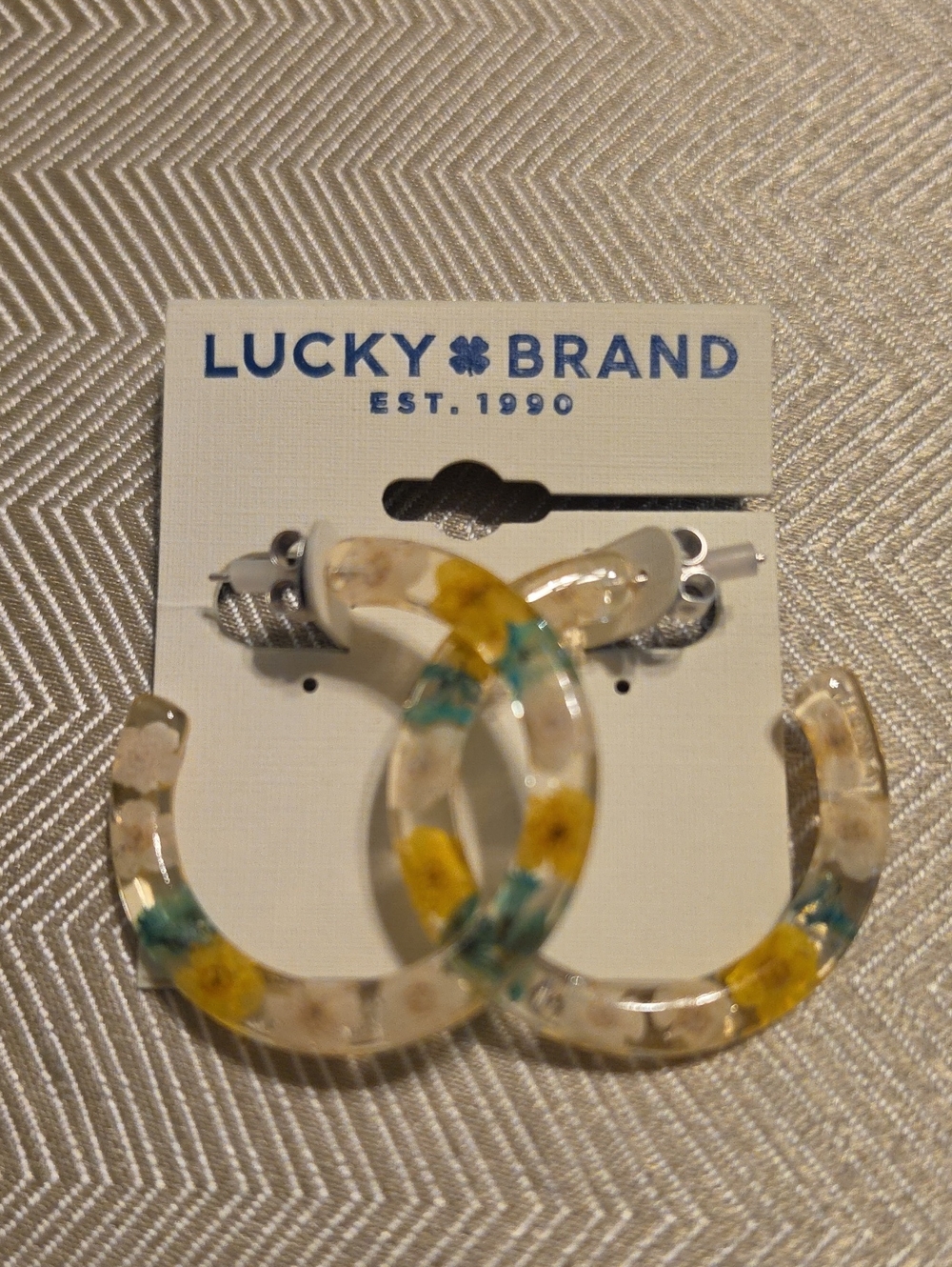 Lucky Brand Clear Hoop Earrings with Yellow and Teal Floral Inlay